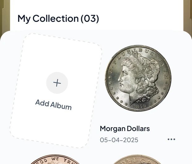 CoinBrain collection screen showing albums including Morgan Dollars